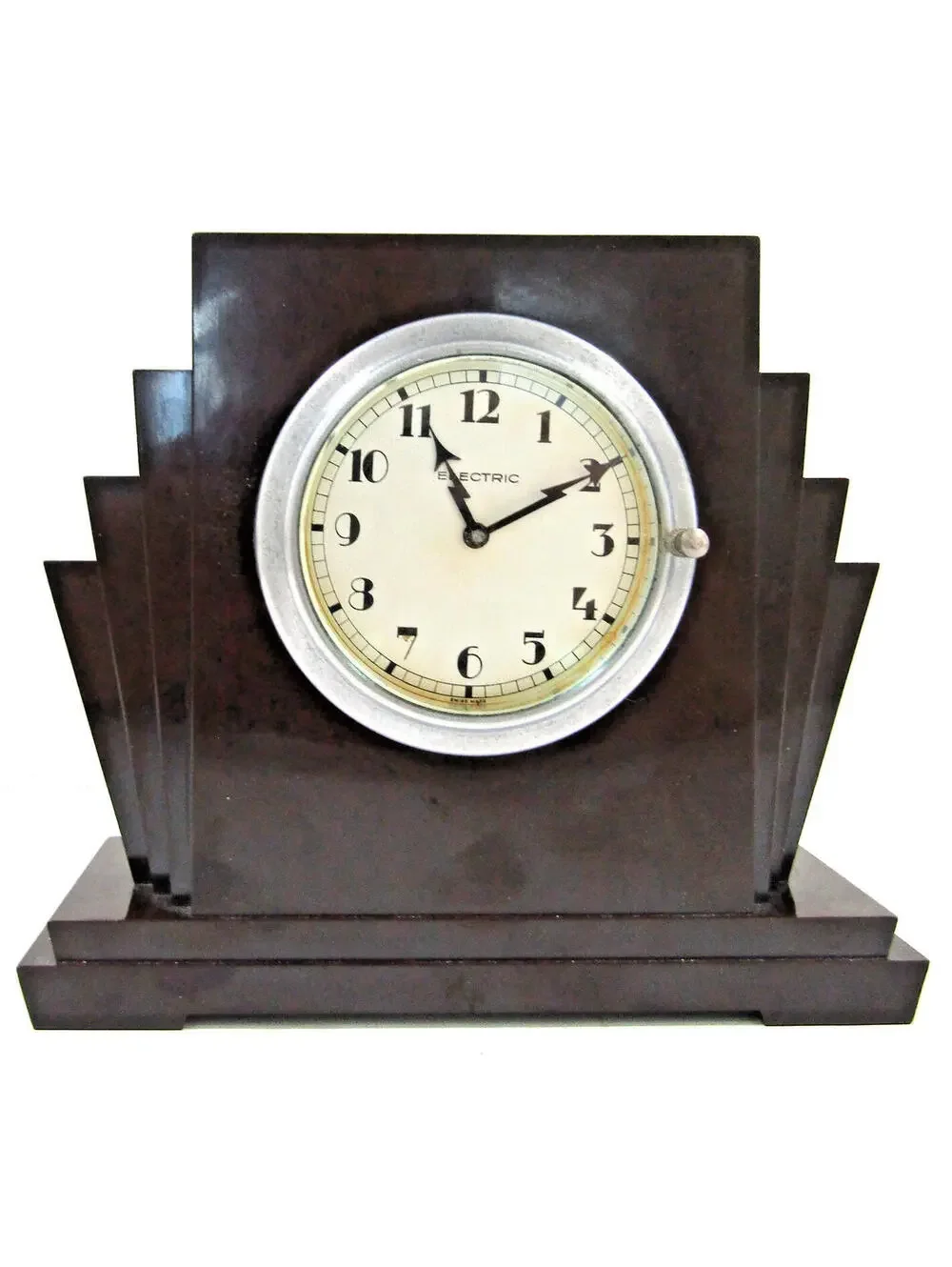 1930s Art Deco Swiss Made Brown Bakelite Desk Clock Golden Arrow Radio Products